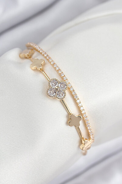 Skygo Brass Zircon Stone Clover Model Gold Color Women's Bracelet - Tj-Bb7885