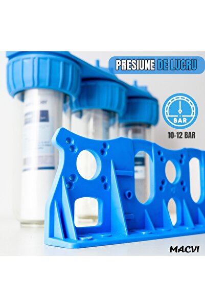MACVI ® Triple Water Filter 3/4", carbon, cotton & mesh, 5-micron, 34.5 cm, white/blue