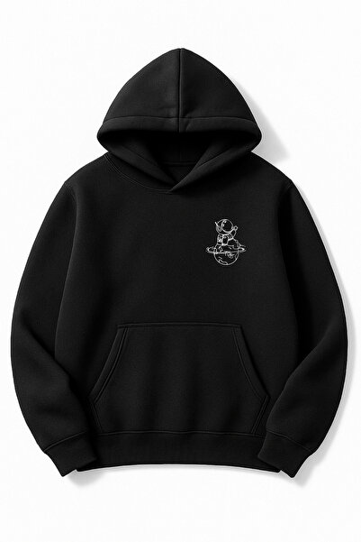 Altair Tr سويت شيرت أسود قصة فضفاضة للجنسين مطبوع بغطاء رأس