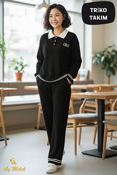 AYMELEK Set de tricotaje pentru femei Set cu guler polo material reiat cu det...