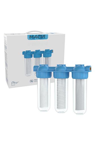 MACVI ® Triple Water Filter 3/4", carbon, cotton & mesh, 5-micron, 34.5 cm, white/blue