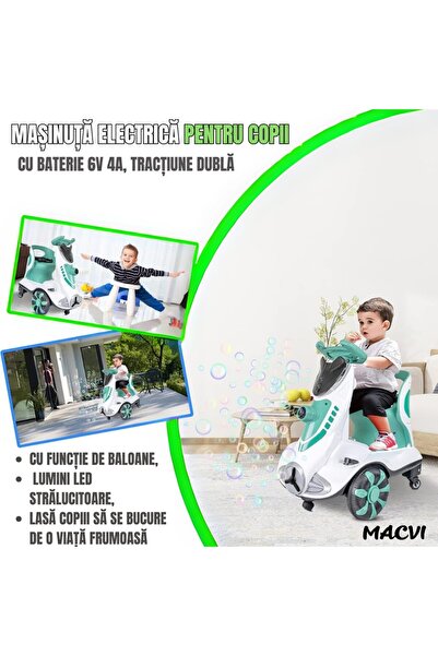 MACVI ® Kids Electric Scooter, bubble machine, music & LED, 360° spin, remote, 6V, max 25 kg, green