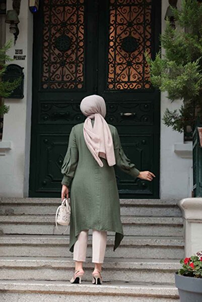 N.S NEVA STYLE Asymmetrical Detailed Khaki Hijab Tunic 615Hk