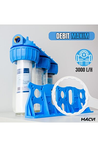 MACVI ® Triple Water Filter 3/4", carbon, cotton & mesh, 5-micron, 34.5 cm, white/blue