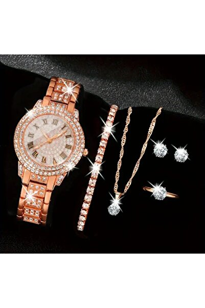 stainless steell VİP gül altın renk kuvars saat 5 adet takı set