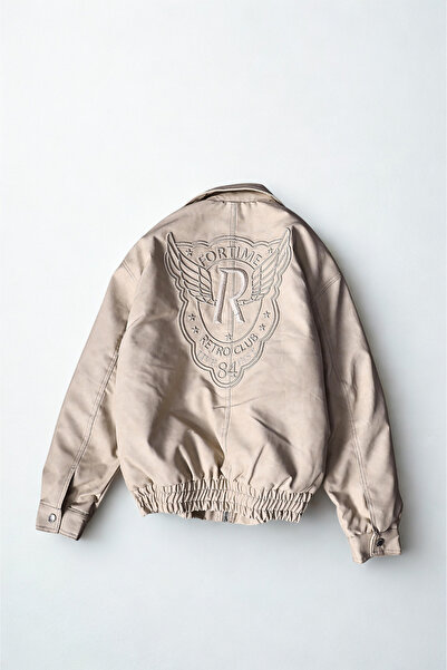 A&O Style Erkek Bej Oversize Astarlı Fortime Nakışlı Bomber Deri Mont Ceket