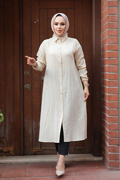N.S NEVA STYLE Buttoned Beige Hijab Tunic 70551Bej