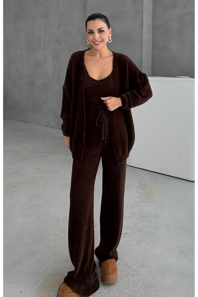 My Blog Brown 3-Piece Plush Cardigan Set - 1010