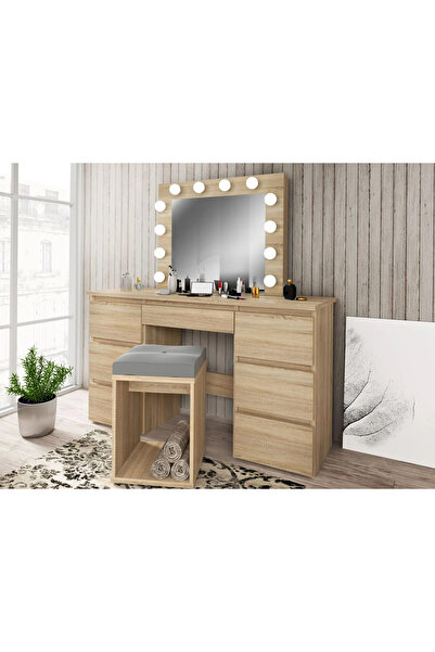 SERSIMO Dressing table and makeup table with LED mirror and 7 drawers, 120x43x140 cm, sonoma