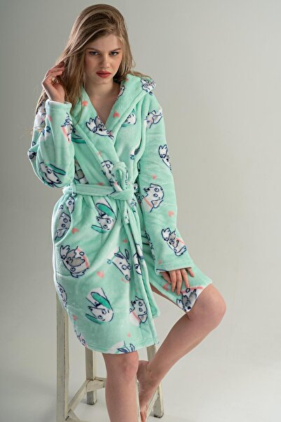 REN Women's mint super soft vienetta welwelsoft hooded long sleeve short robe