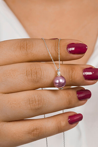 klas gümüş 925 Ayar Gümüş Mor İnci Taşlı Rodaj Kaplamalı Kadın Kolye 10mm - Z...