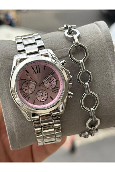 captiva Gümüş Renk İçi Pembe Metal Kol Saati Ve Çelik Bileklik