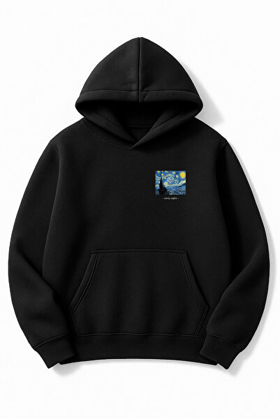 Altair Tr سويت شيرت أسود قصة فضفاضة للجنسين ستاري نايت مطبوع بغطاء رأس