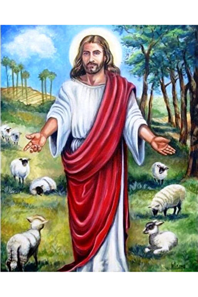 Krista Tablou pe pânză GM793 Goblin Square Diamonds, înrămat, 50 x 40 cm, Isus cu oi