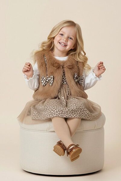 Minigimin Cicileri My Little Girl's Premium Baby Girl Dress Set with Fur Bow Detail and Leopard Tulle - Brown