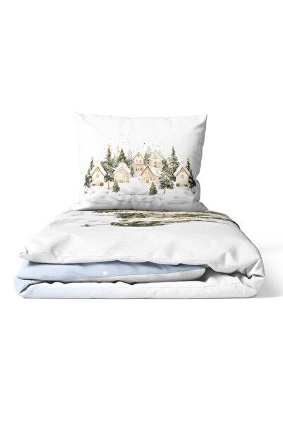 Lenjerii Deosebite Χριστουγεννιάτικα σεντόνια 1 ατόμου 3D με δέντρα και σπιτάκια, 100% βαμβάκι ranforce, Snowy