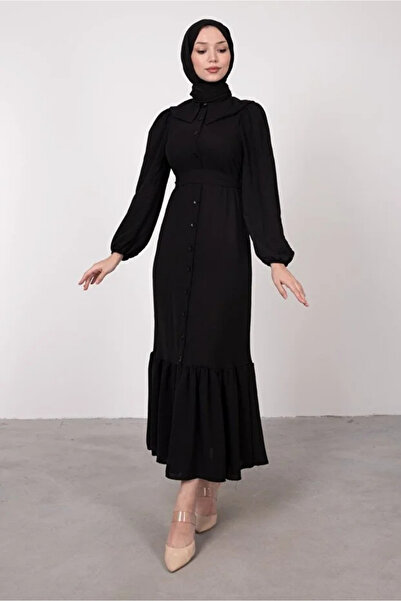Tesettür Diyarı Φόρεμα Τεσεττούρ με φαρδύ γιακά και ζώνη - Μαύρο
