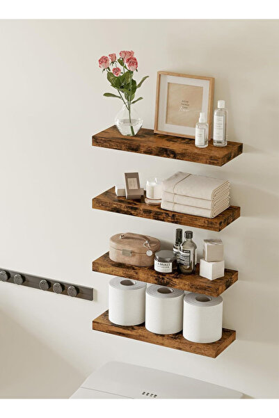 Generic 4Pcs Rustic Brown Floating Wall Shelves, Large & Deep Sturdy Wall-Mounted Storage Rack