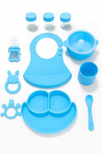 CKM silikon 11 Parça Silikon Mama Seti – BPA’sız – Bebek Beslenme Seti Mavi