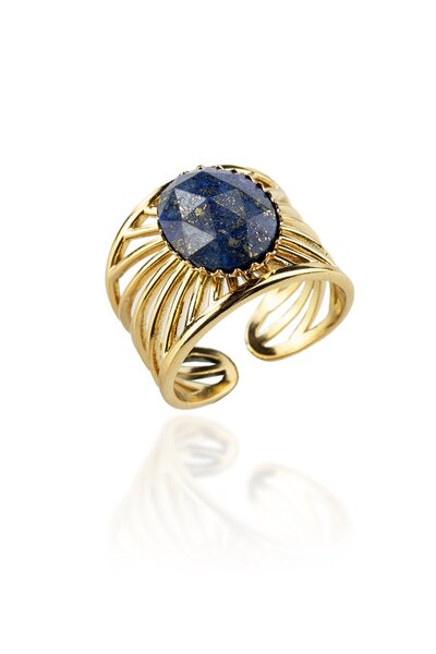 Uçar Doğaltaş Lapis Lazuli Doğal Taş Çelik Faset Oval Kesim Ayarlanabilir Yüzük