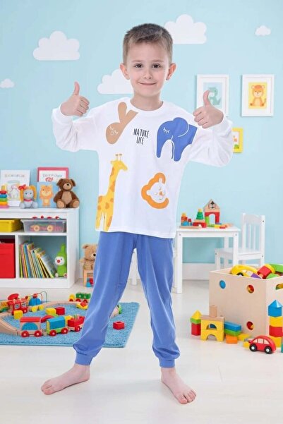 Little Miny Kids طقم بيجامة للأولاد بنمط السفاري باللون الأبيض مصنوع من القطن...