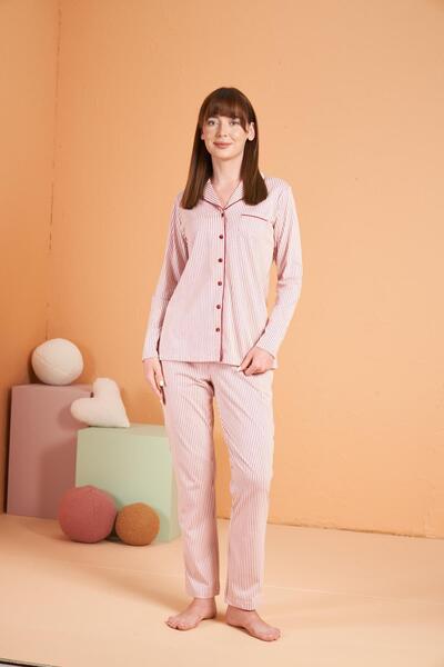 PJS 100% Cotton Single Jersey Fabric Striped Buttoned Women's Pajama Set
