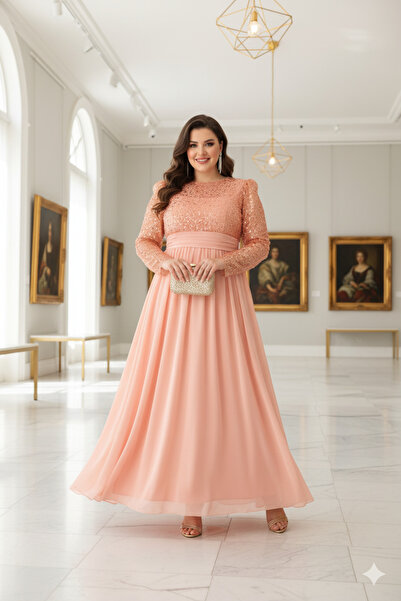 Robes Trend Büyük Beden Uzun Kollu Abiye - Şifon Etek Payetli Nikah Elbisesi-...