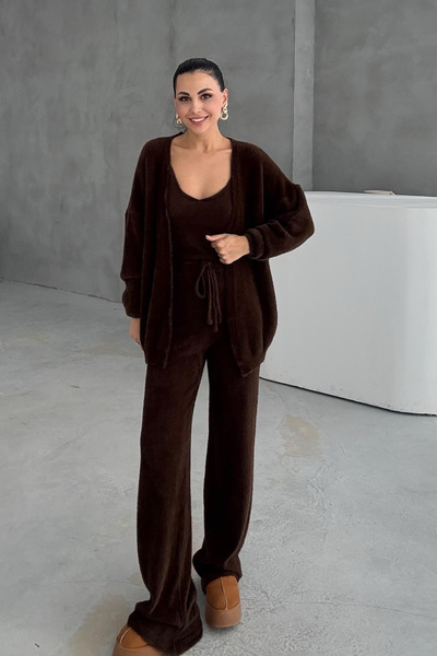 My Blog Brown 3-Piece Plush Cardigan Set - 1010