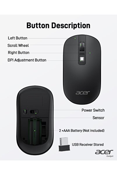 ACER wireless optical mouse, 4 programmable buttons, 2.4GHz, 1600 DPI, ambidextrous, USB