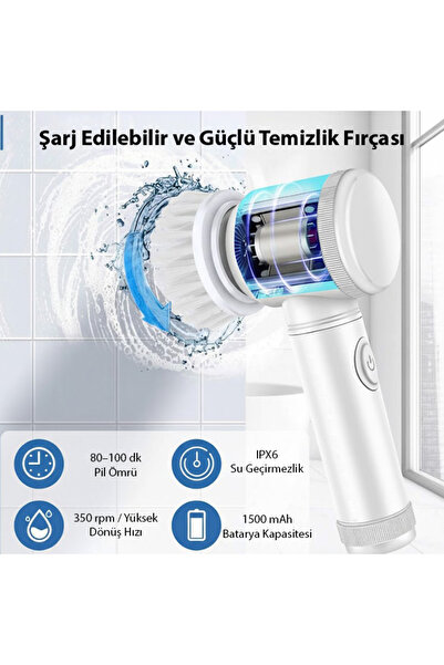 Genel Markalar Magic Brush 5in1 Fırça Başlıklı Şarjlı Temizleme Fırçası Banyo/Fayans/Zemin Temizleyici BEYAZ