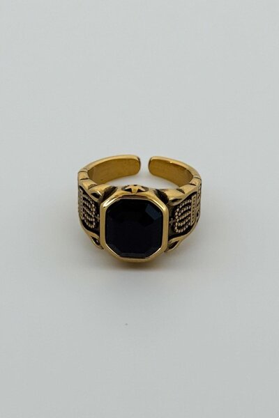 TAKIŞTIR Gold Color Stone Detailed Adjustable Steel Men's Ring