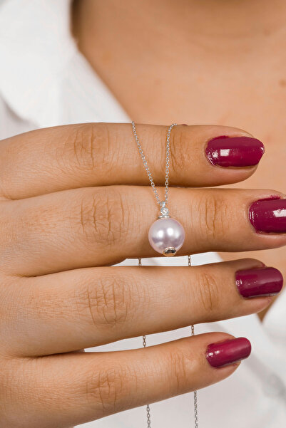 klas gümüş 925 Ayar Gümüş Lila İnci Taşlı Rodaj Kaplamalı Kadın Kolye 10mm -...