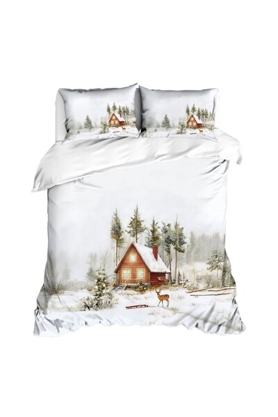 Lenjerii Deosebite Διπλά Χριστουγεννιάτικα σεντόνια 3D με εξοχικό και χειμερινό τοπίο, 100% βαμβάκι ranforce, Glow