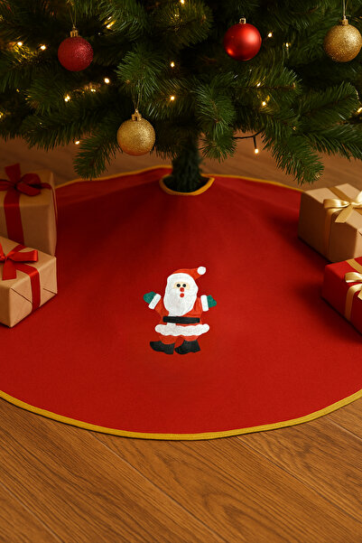Huzur Party Store 90 cm Red Tree Skirt Christmas Pine Tree Felt Cloth Ornament with Gold Stripes and Santa Claus Figure