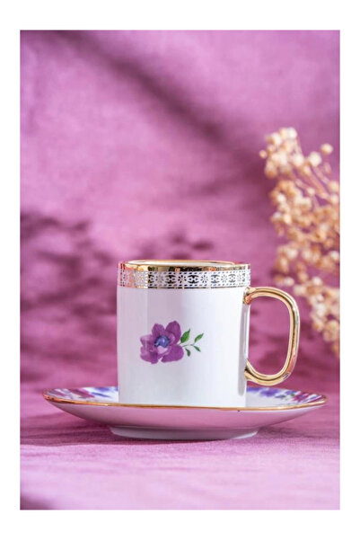 ACAR KAI6902 Mor Çiçek Desenli Gold Detaylı Beyaz Porselen Kahve Seti 6'lı