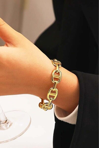 TAKIŞTIR Gold Color Chain Detailed Steel Handcuff Bracelet