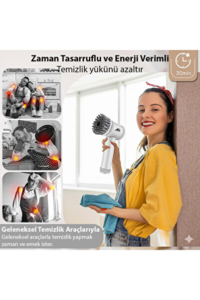 Genel Markalar Magic Brush 5in1 Fırça Başlıklı Şarjlı Temizleme Fırçası Banyo/Fayans/Zemin Temizleyici BEYAZ