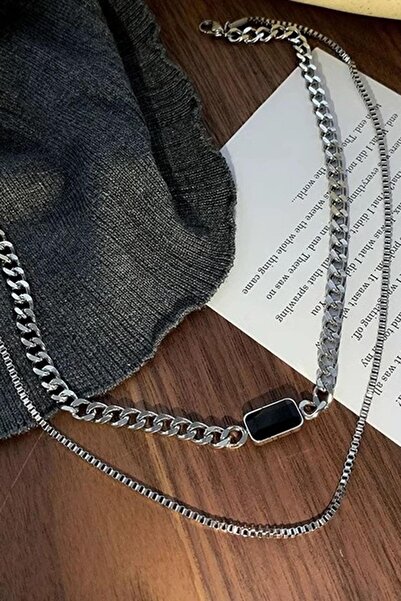 TAKIŞTIR Silver Color Stone Detailed Men's Double Chain Steel Necklace