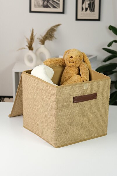 HomyJRs Jute Leather Handle Box with Lid 30X30X30