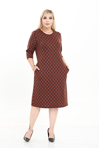 modayız Double Pocket Patterned Stretchy Winter Plus Size Midi Dress 41D-2727