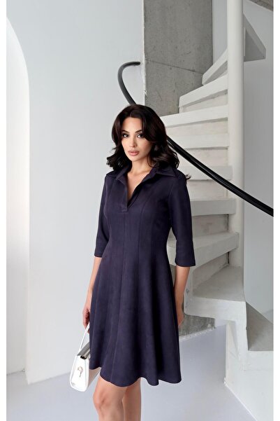 Serica Moda Navy Blue Shirt Collar Suede Dress
