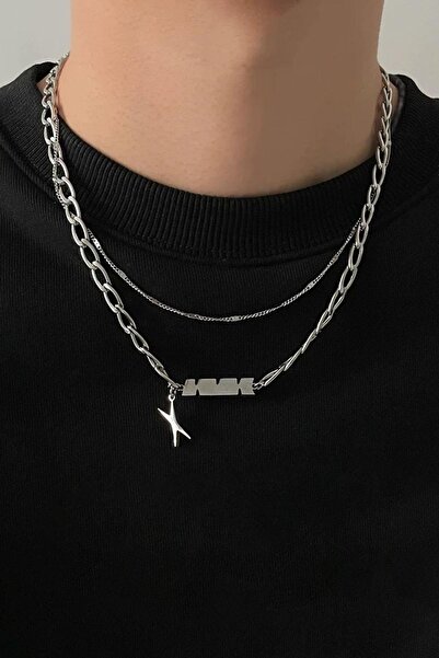 TAKIŞTIR Silver Color Men's Double Chain Steel Necklace
