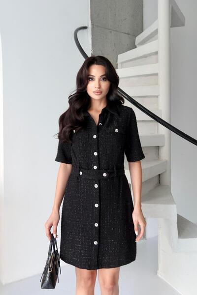 Serica Moda Black Tweed Fabric Belted Shirt Dress