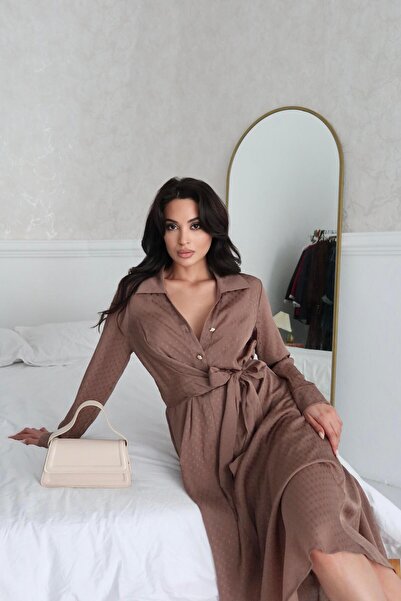 Serica Moda Coffee Side-Tie Shirt Collar Dress