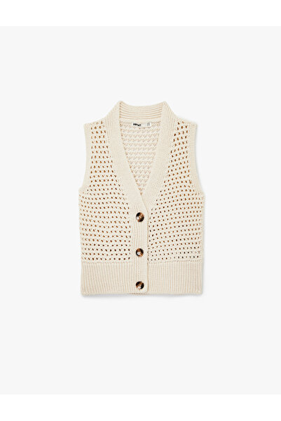 Koton Πλεκτό γιλέκο με κουμπιά με λαιμόκοψη σε σχήμα V δαντελωτή πλέξη