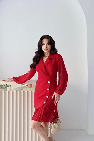 Serica Moda Burgundy Balloon Sleeve Pleated Jacket Dress