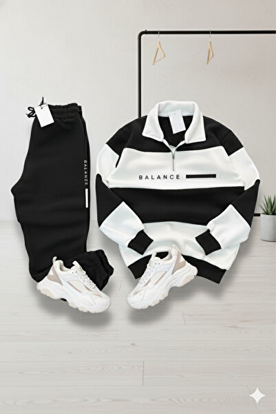dwnwear Black Color Unisex Five Piece Mock Neck Balance Printed Tracksuit Set-Top and Bottom Set