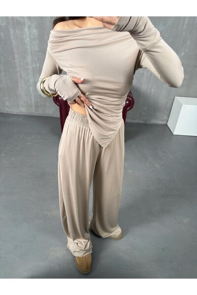 solena sln Γυναικείο Σετ Μπλούζα και Παντελόνι με Ασύμμετρο Σχέδιο Modal