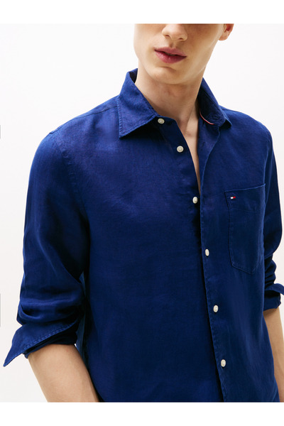 Tommy Hilfiger PIECE DYE LINEN RF SHIRT Erkek Mavi Gömlek - MW0MW39425