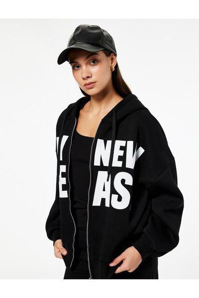 Koton Hooded Long Sleeve Printed Oversized Zippered Cardigan